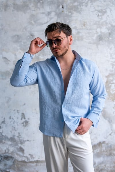 Oversize Şeritli Gömlek Açık Mavi