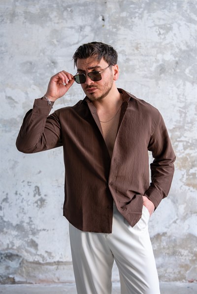 Oversize Şeritli Gömlek Kahve