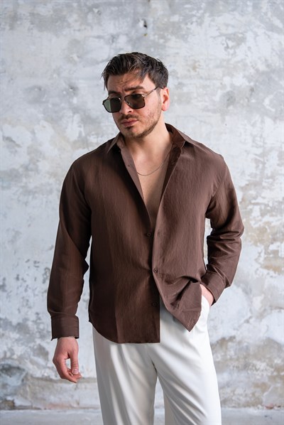 Oversize Şeritli Gömlek Kahve