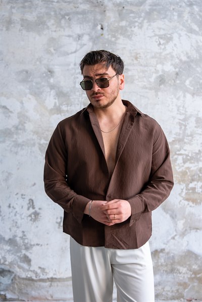 Oversize Şeritli Gömlek Kahve
