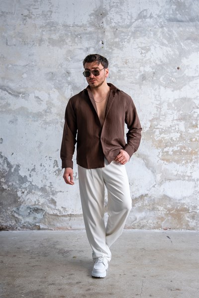 Oversize Şeritli Gömlek Kahve