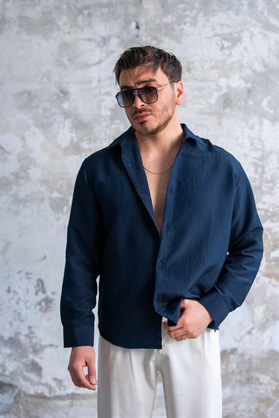 Oversize Şeritli Gömlek Lacivert