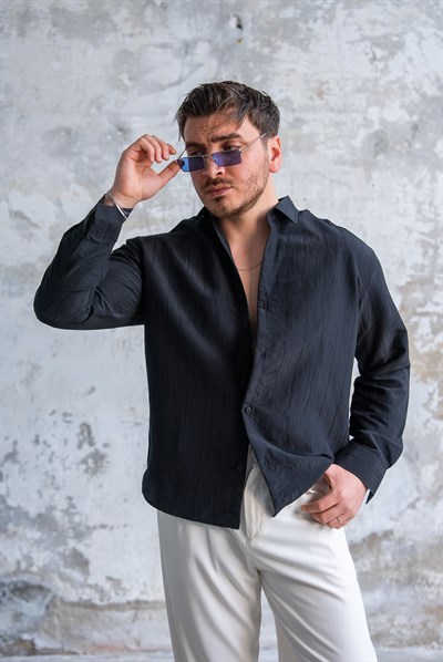 Oversize Şeritli Gömlek Siyah