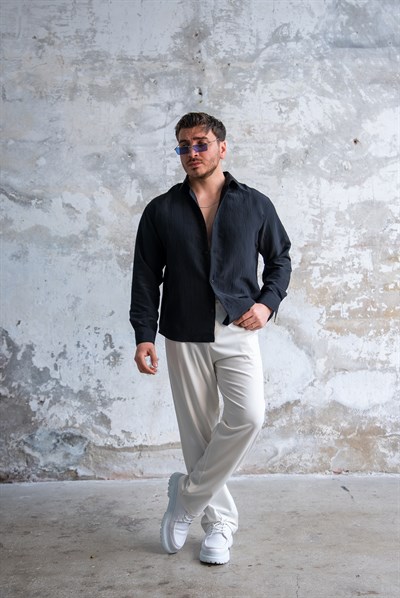Oversize Şeritli Gömlek Siyah