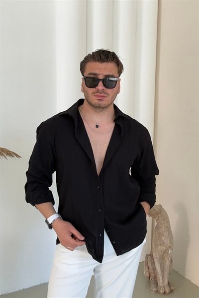 Pamuk Kumaş Regular Fit Kendinden Çizgili Gömlek Siyah