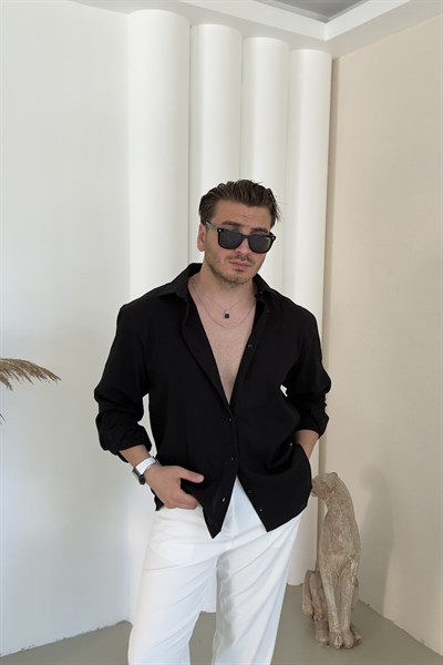Pamuk Kumaş Regular Fit Kendinden Çizgili Gömlek Siyah
