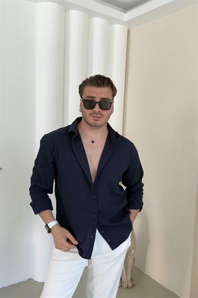Pamuk Kumaş Regular Fit Kendinden Çizgili Gömlek Lacivert