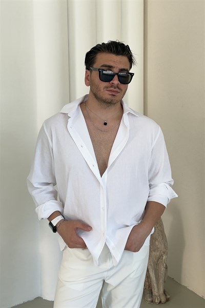 Pamuk Kumaş Regular Fit Kendinden Çizgili Gömlek Beyaz