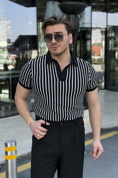 Pamuk Polo Yaka Çizgili Likralı Tshirt Siyah