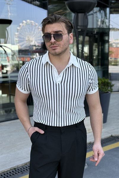 Pamuk Polo Yaka Çizgili Likralı Tshirt Beyaz