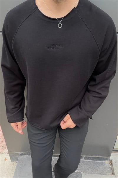 Pis Yaka Oversize Baskılı Kazak Siyah