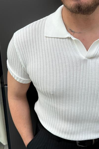 Polo Yaka Fitilli Triko Tshirt Beyaz