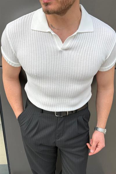 Polo Yaka Fitilli Triko Tshirt Beyaz