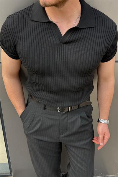 Polo Yaka Fitilli Triko Tshirt Siyah