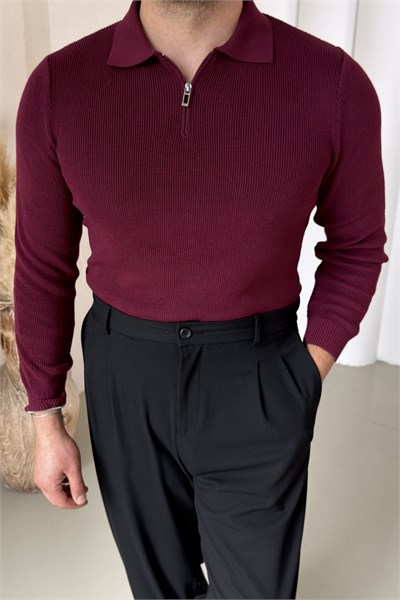 Polo Yaka Örme Kazak Bordo