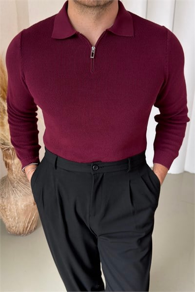 Polo Yaka Örme Kazak Bordo