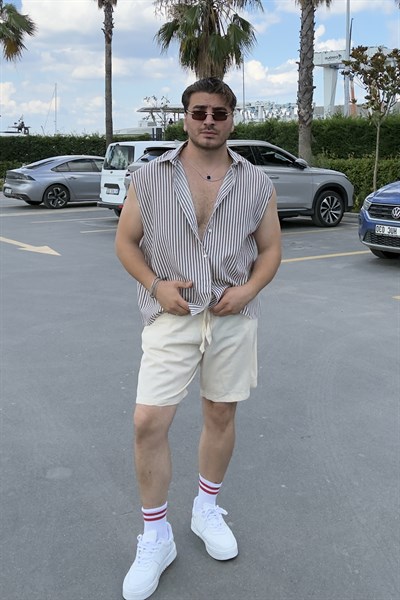 Sıfır Kol Çizgili Rahat Kalıp Gömlek Kahve