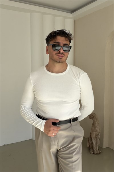 Slimfit Çizgili İnce Sweatshirt Beyaz