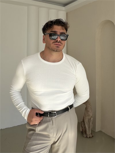 Slimfit Çizgili İnce Sweatshirt Beyaz