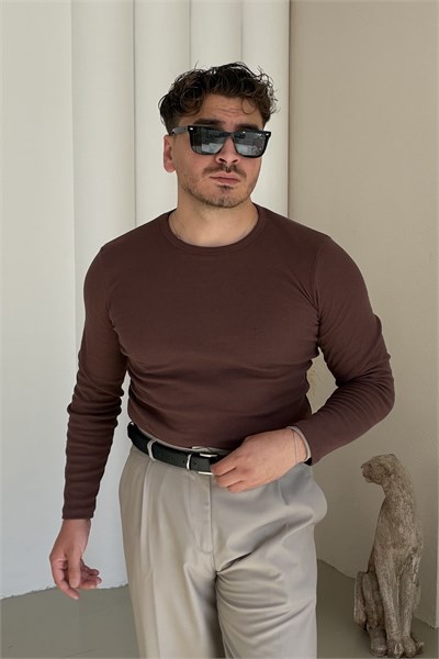 Slimfit Çizgili İnce Sweatshirt Kahve