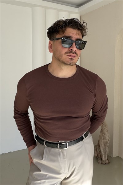 Slimfit Çizgili İnce Sweatshirt Kahve