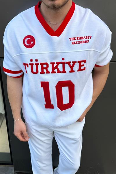 TÜRKİYE Nakışlı Oversize Triko Tshirt Beyaz