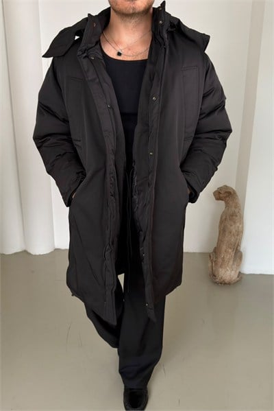 Uzun Şişme Oversize Mont Siyah