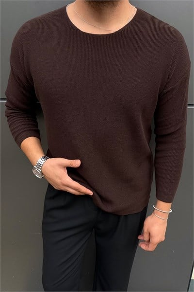 Yaka Detay İnce Oversize Kazak Kahve