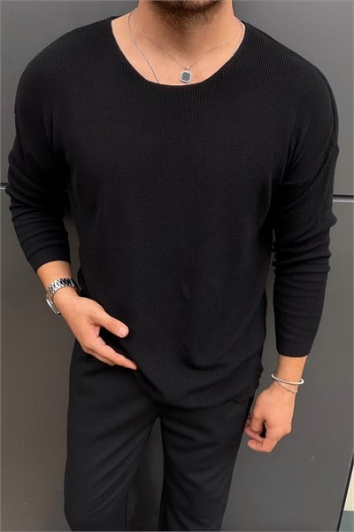 Yaka Detay İnce Oversize Kazak Siyah