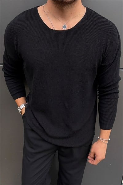 Yaka Detay İnce Oversize Kazak Siyah