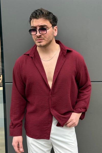 Yaka Düğmeli Keten Görünümlü Gömlek Bordo