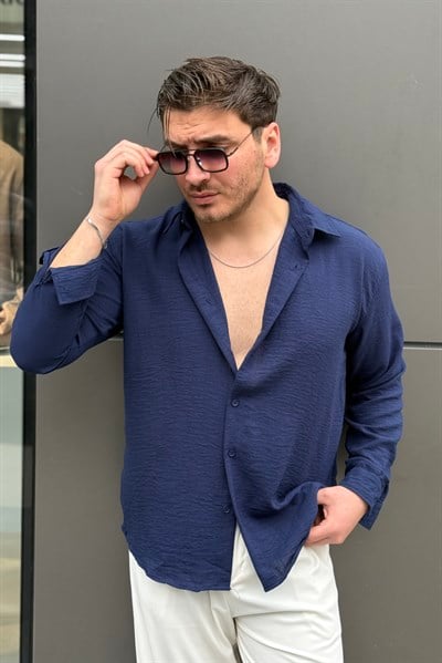 Yaka Düğmeli Keten Görünümlü Gömlek Lacivert