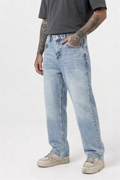 Yıkamalı Baggy Jean Pantolon Açık Mavi