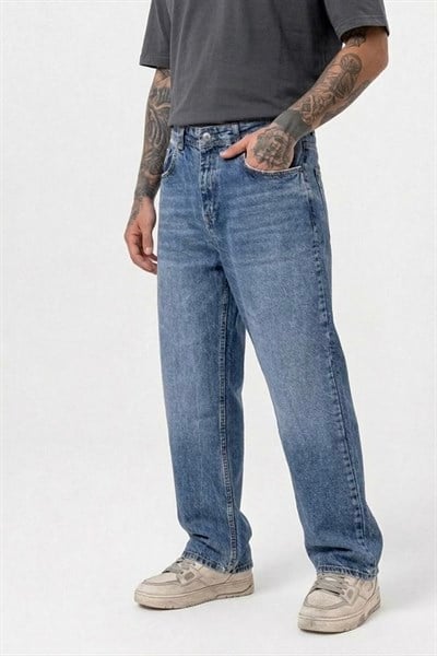 Yıkamalı Baggy Jean Pantolon Lacivert