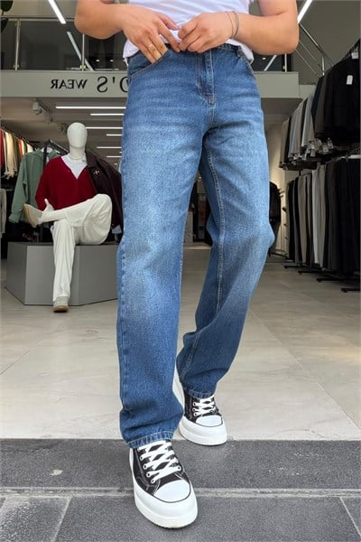 Yıkamalı Baggy Jean Pantolon Mavi