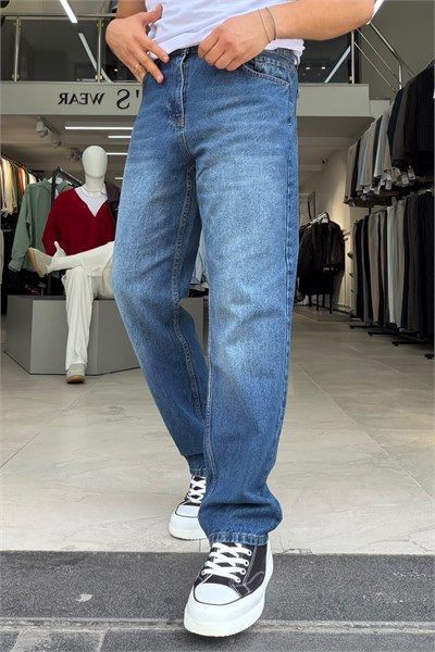 Yıkamalı Baggy Jean Pantolon Mavi