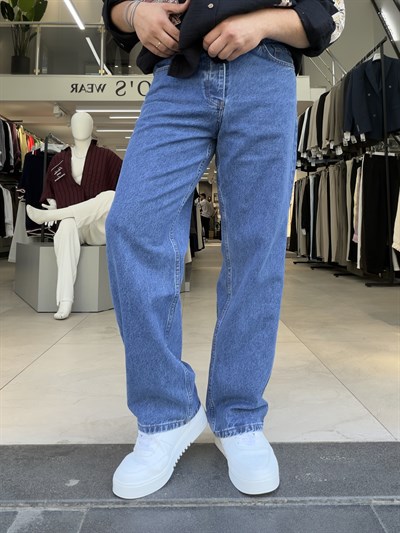 Yıkamalı Baggy Jean Pantolon Mavi