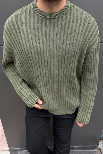 Yıkamalı Oversize Şeritli Kazak Haki