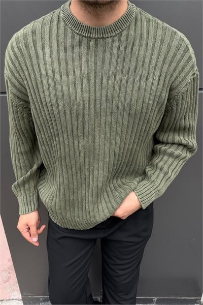 Yıkamalı Oversize Şeritli Kazak Haki