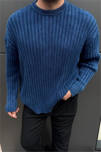 Yıkamalı Oversize Şeritli Kazak Lacivert