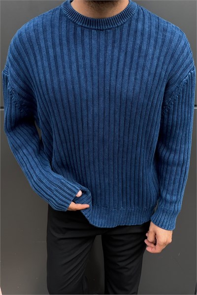 Yıkamalı Oversize Şeritli Kazak Lacivert