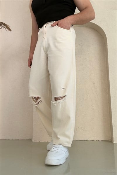 Yırtmaç Detaylı Baggy Jean Bej