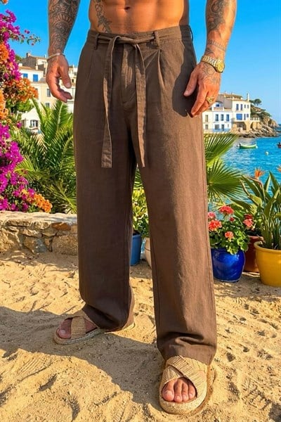 Yumuşak Dokulu Kemer Detaylı Baggy Pantolon Kahve