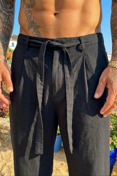 Yumuşak Dokulu Kemer Detaylı Baggy Pantolon Siyah