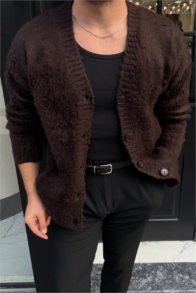 Yün Görünümlü Oversize Düğmeli Hırka Kahve
