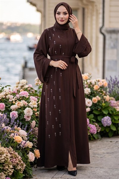 Kuşaklı Çiçek Taşlı Ferace Kahverengi HM2853