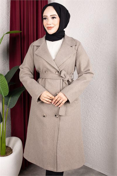 Kruvaze Yaka Kemerli Önü Düğmeli Kaşe Kaban 110cm - Füme