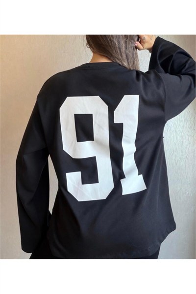 91 Baskılı Oversize Uzun Kollu Sweatshirt