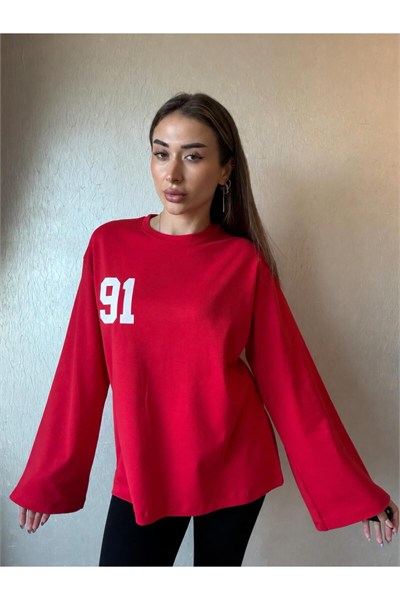 91 Baskılı Oversize Uzun Kollu Sweatshirt