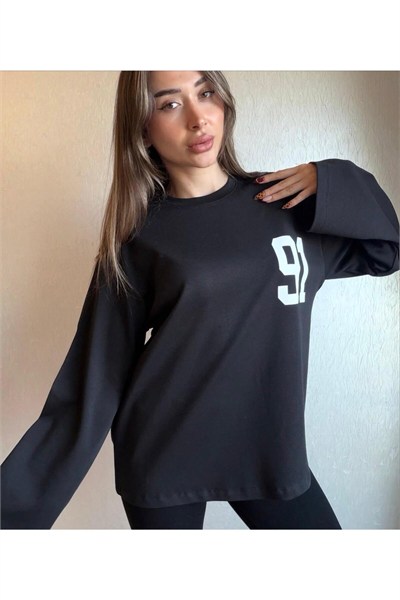 91 Baskılı Oversize Uzun Kollu Sweatshirt
